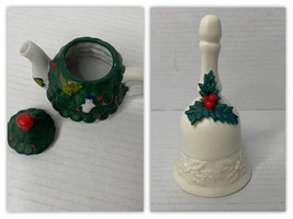 2 Pc Set Porcelain Holly Berry Leaf Bell And Miniature Christmas Tree Tea Pot - £6.36 GBP