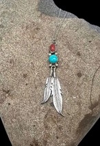 Vintage Navajo Sterling Silver Turquoise Coral Feather Pendant Necklace - £51.94 GBP