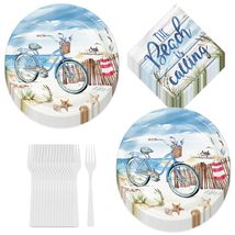 Seaside Summer Beach Coastal Round Paper Dessert Plates, Beverage Napkins, and F - £14.85 GBP