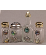 Glass Salt Pepper Cheese Shaker &amp; Oil Bottle Set Metal Top Wire Art Jewe... - $11.30