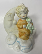 Vintage Baby Girl with Doll on Quarter Moon Clouds Stars Ceramic Figurine - 1980 - £12.59 GBP