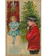 Vintage Postcard Christmas Little Girl Under Mistletoe Boy Tree Gold Trim - £7.90 GBP