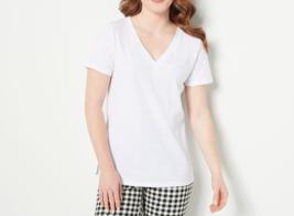 Studio Park x Leah Williams Slub Knit Short Sleeve V-Neck Tee Top- White, Medium - $18.69