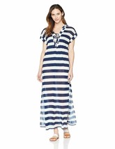 Coastal Blue Women&#39;s Swimwear Hooded Lace Up Maxi Cover Up, Navy/White Stripe, S - £23.73 GBP