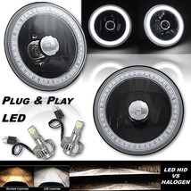 5-3/4&quot; Crystal SMD White LED Halo Angel Eye Black Headlamp &amp; LED Light Bulb Pair - £130.71 GBP