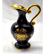 Original Bernardaud LIMOGES France 9&quot; Deep Blue Onyx Pitcher With Gold A... - $51.46