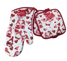 Gnome and Hearts Oven Mitt and Potholder Set of 3 Red White Cotton Valen... - $13.97