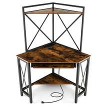 Space-Saving Corner Computer Desk with with Hutch and Keyboard Tray-Rust Brown - - $4,150.86 MXN