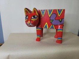 Red Wood Cat Bank Folkart Hand Carved Indonesia 6 Inch - £11.63 GBP