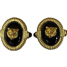 VTG Retro Lion Head Button Earrings Bold Black &amp; Gold Clip on Mob Wife 1... - $50.64