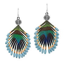 Trendy Oval Peacock Feather and Blue Beads Sterling Silver Dangle Earrings - £18.42 GBP