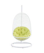 White &#39;Egg&#39; Wire Swing Patio Chair Green Cushion  All-Weather White Meta... - £532.70 GBP