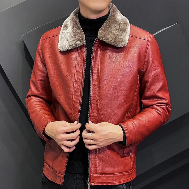 Men Winter  Leather Jacket PU Leather Jackets Mens High Quality Zipper  Collar C - £161.97 GBP
