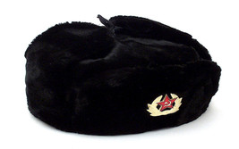 RUSSIAN AUTHENTIC BLACK USHANKA MILITARY HAT WITH SOVIET ARMY EMBLEM - $31.95
