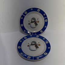 Vintage Holiday Home Blue Christmas Snowman Dessert Plate Set Of 2 Diameter 7.25 - $14.84