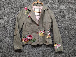 Paparazzi Jacket Blazer Women Small Brown Plaid Floral Embroidered Raw Edge - £37.14 GBP