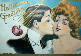 Victorian Halloween Postcard Kissing Couple Embossed Original Gold Border - £30.79 GBP