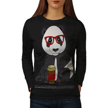 Wellcoda Coffee Happy Panda Womens Long Sleeve T-shirt, Hippie Casual Design - £19.39 GBP