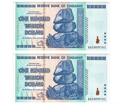 ZIM Zimbabwe 100 Trillion Banknote 2 pcs Note AA/2008, P-91, Uncirculated  - $8,385.88 MXN
