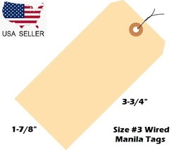 Pack of 100 Size 3 Manila Inventory Shipping Hang Tags with Wire 3 3/4&quot; x 1 7/8&quot; - £9.19 GBP