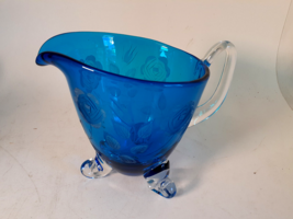 1960s Hand Blown Blue Etched Glass Pitcher, Gorgeous, 8&quot;t - £28.01 GBP