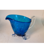 1960s Hand Blown Blue Etched Glass Pitcher, Gorgeous, 8&quot;t - £27.55 GBP