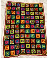 Black Vintage Multicolor Granny Square Small Crocheted Blanket Handmade ... - €34,11 EUR