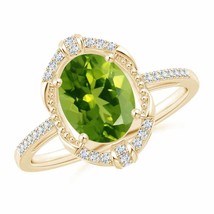 ANGARA Vintage Inspired Oval Peridot Leo Ring with Diamonds in 14K Gold - £1,218.85 GBP