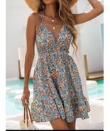 Women’s Holiday Floral Print Tied Backless Dusty Blue Ruffle Hem Dress S... - $18.86 CAD
