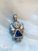 Estate 925 Marked Small Silver Angel with Clear &amp; Blue Rhinestones Charm or Pend - £9.58 GBP