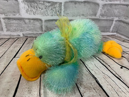 green blue yellow plush duck duckling lying down yellow ribbon bow floppy toy - £16.39 GBP