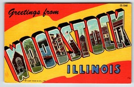 Greetings From Woodstock Illinois Large Letter Postcard Linen Curt Teich... - $11.71