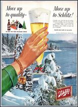 1958 Schlitz Beer PRINT AD Lady Holding Beer Christmas &amp; Snow Covered La... - $9.49