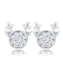 Precious Stars Silvertone Round Cubic Zirconia Reindeer Holiday Earrings - £16.52 GBP