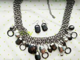 Avon Iodized Necklace w/ Matching Earrings Set Gun Metal Multi Charm - £18.75 GBP