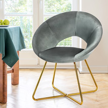 Costway Accent Velvet Chair Dining Arm Chair Make-up Stool w/ Golden Leg Grey - £121.93 GBP