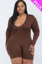 Plus Size Coffee Brown V neck Long Sleeve one piece Bodycon Romper - £9.43 GBP