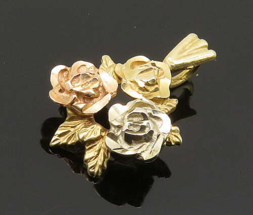 Primary image for 14K GOLD - Vintage Shiny Three-Tone Rose Flowers Motif Pendant - GP078
