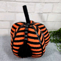 Fall Halloween Orange &amp; Black Striped Fabric Pumpkin Figure Wood Beads Sequins - $26.99