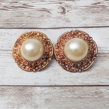 Vintage Clip On Earrings 1.5&quot; Large Statement Copper Tone with Faux Pearl - £11.95 GBP