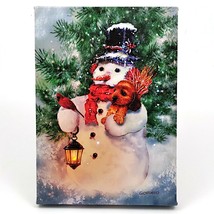 LED Lit Tabletop Picture Art of Snowman with Puppy Winter Scene by Giodano - £16.96 GBP