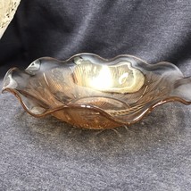 Iris and Herringbone Ruffled Bowl Marigold Iridescent Jeannette Glass 9 1/2” - £11.73 GBP