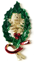 Holly Wreath Pin Berries Cluster Bow Gold Color Metal Red Green Vintage - £11.98 GBP