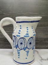 Quirky Italian Pottery Pitcher Painted High Wheel Bikes Riveted Button Seam Blue - £63.85 GBP