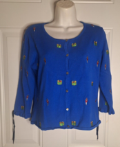 Erin Matthews Blue Embroidered 3/4 Sleeve Button Down Christmas Sweater Cardigan - £10.51 GBP