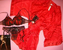 Victoria&#39;s Secret 34C Bh Set + M Strumpfhalter Höschen + Robe Rot Schwarz Punkta - £141.25 GBP