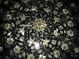 20&quot; Black Marble Round Plate Micro Mosaic Mother of Pearl Inlay Marquetry Decor - £573.88 GBP