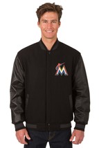 MLB Miami Marlins Wool Leather Reversible Jacket Front Patch Logos Black JHD - £176.39 GBP