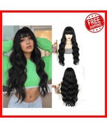 Elegant Long Black Curly Wig with Bangs - Synthetic Hair for Glamorous L... - $60.01 CAD