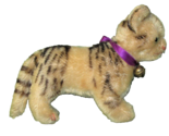 STEIFF TABBY CAT MOHAIR PURPLE RIBBON BELL EAR BUTTON 6" TALL 8" LONG VINTAGE - $120.06